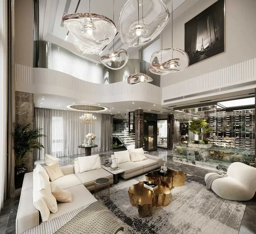 Phòng khách và phòng bếp căn hộ Modern Luxury với tông màu đen - trắng đem lại cảm giác sang trọng và độc đáo