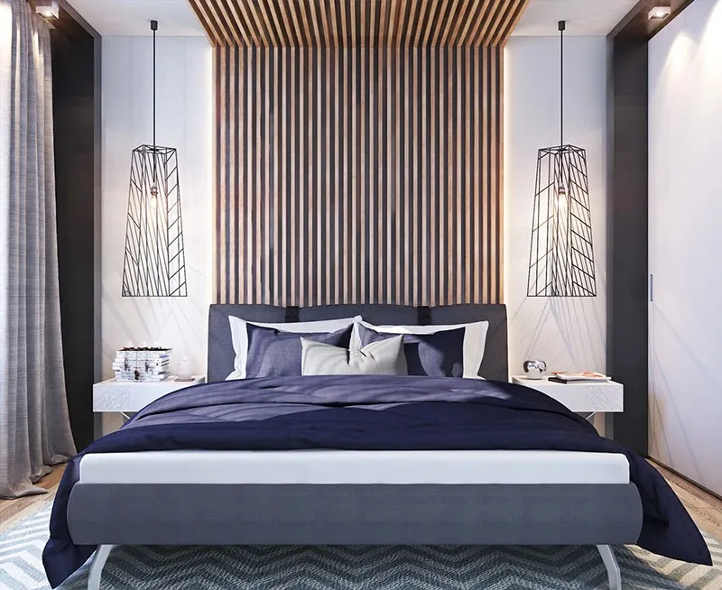 Phòng ngủ đôi theo phong cách đương đại với gam xanh, xám, trắng nhẹ nhàng