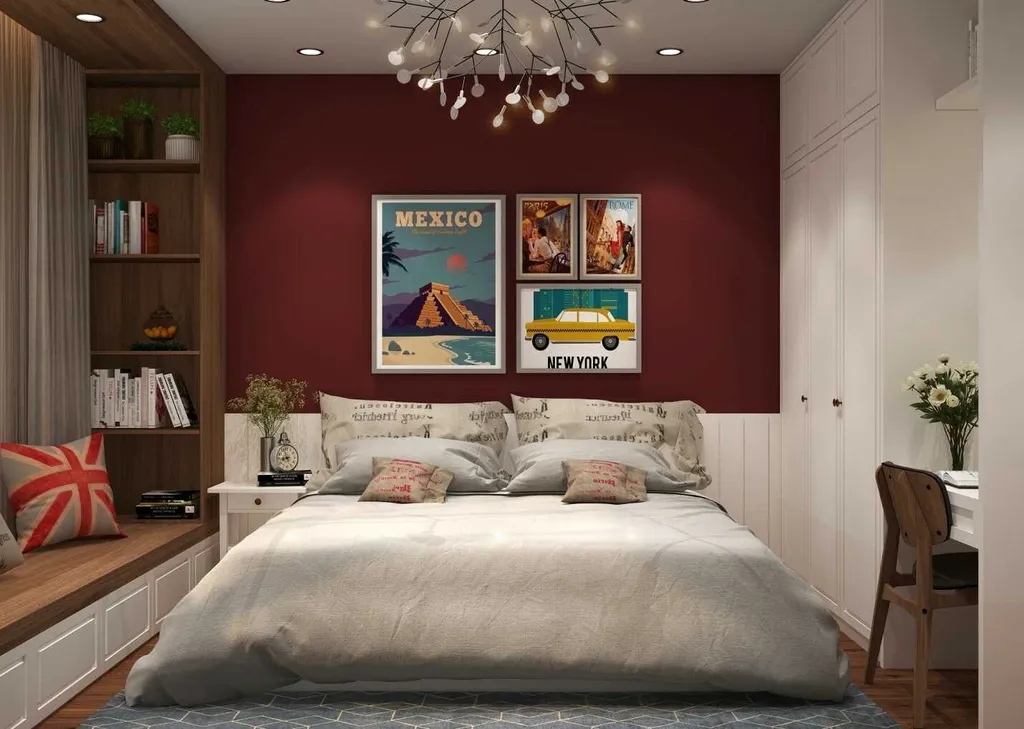 Phòng ngủ đôi theo phong cách Retro được tạo điểm nhấn bằng màu tường và các tranh trang trí