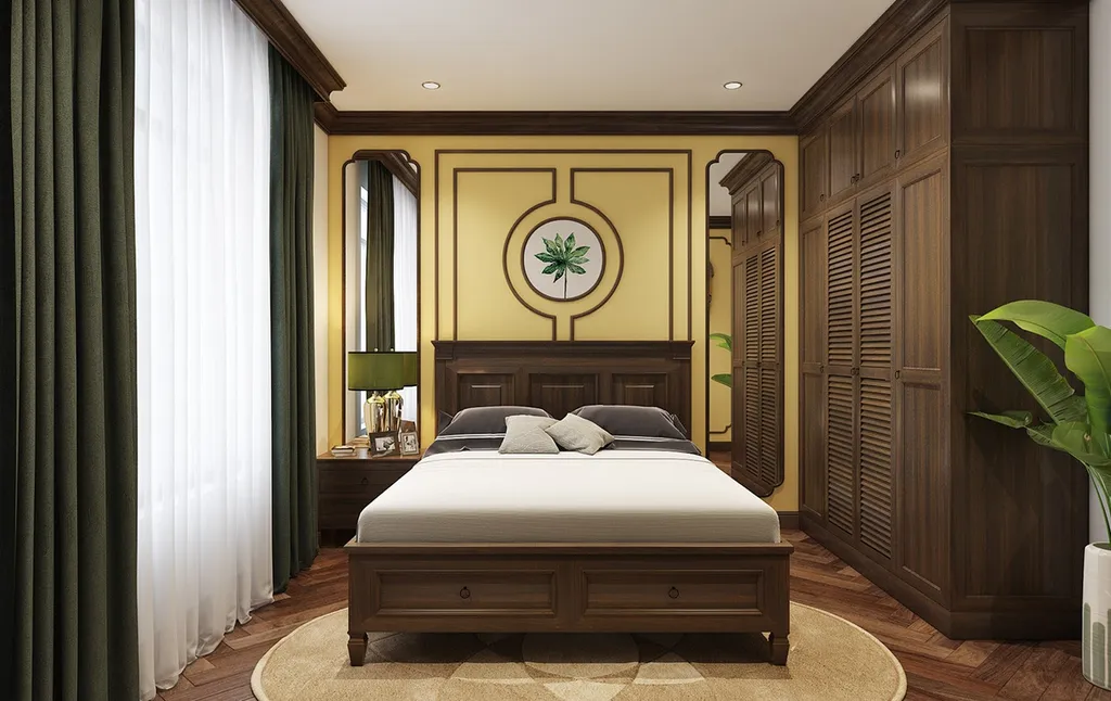 Phòng ngủ đơn giản nhưng vẫn giữ được đường nét thiết kế cùng tone màu mang đậm nét Đông Dương