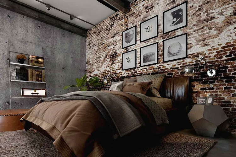 Phòng ngủ được thiết kế khép kín, mang nét đặc trưng của phong cách Industrial như tường lát gạch thô với các màu sắc tự nhiên