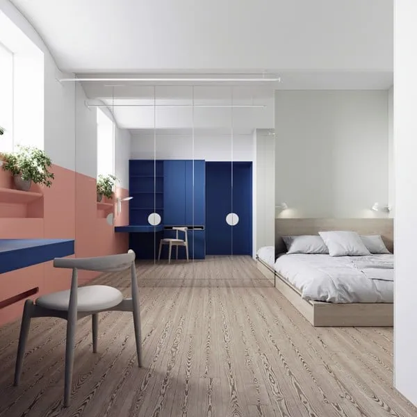 Phòng ngủ được thiết kế theo kiểu tối giản kết hợp khối màu Color Block