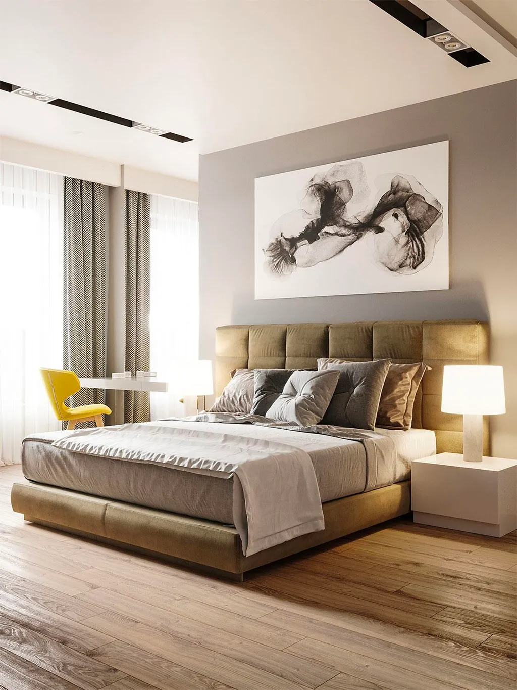 Phòng ngủ master trong thiết kế chung cư phong cách tối giản được trang trí bằng những món đồ nội thất đơn giản để tạo không gian trống tối đa cho căn phòng