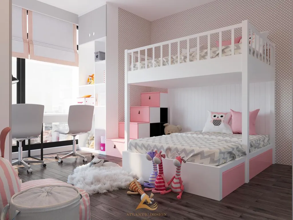 Phòng ngủ nhỏ với tông màu hồng xinh xắn cho bé gái.