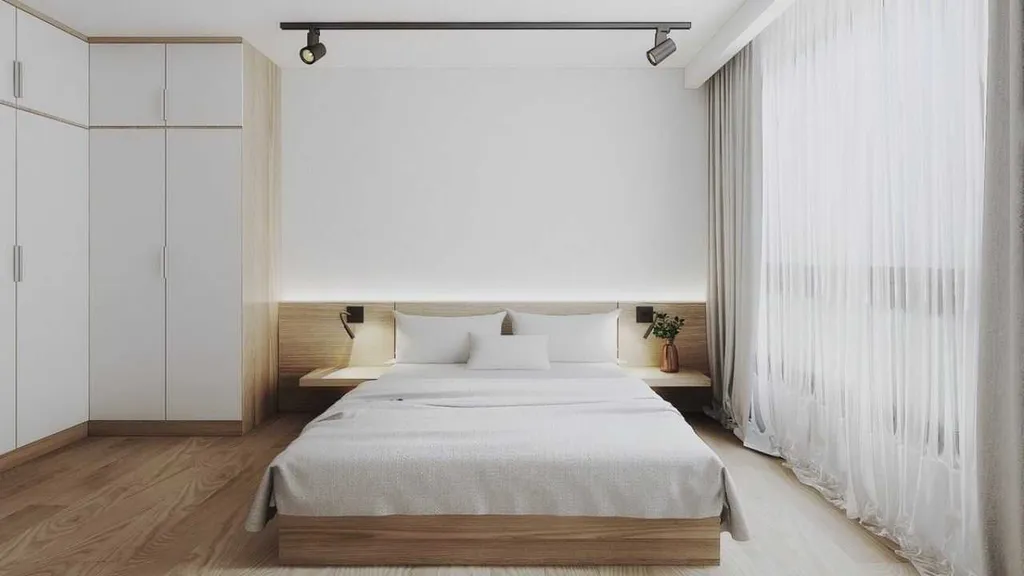 Phòng ngủ theo phong cách tối giản, tiết chế tối đa các món đồ trang trí khiến không gian thư thái tuyệt đối.