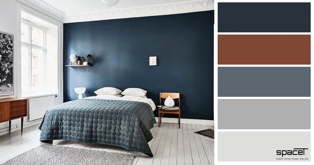 Phòng ngủ tối giản với tông màu xanh dương làm điểm nhấn