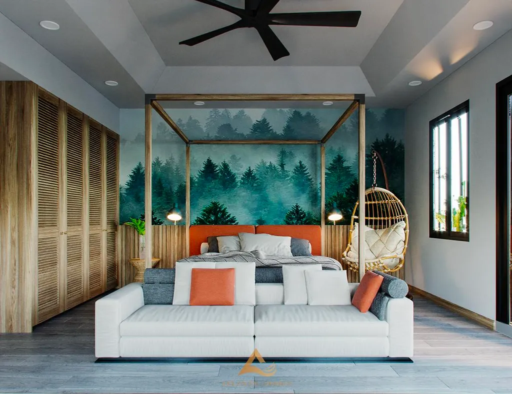 Phòng ngủ vô cùng ấn tượng với bức tường trang trí hình đồi cây nhiệt đới, giúp người nhìn khó lòng rời mắt trước không gian riêng của bạn.
