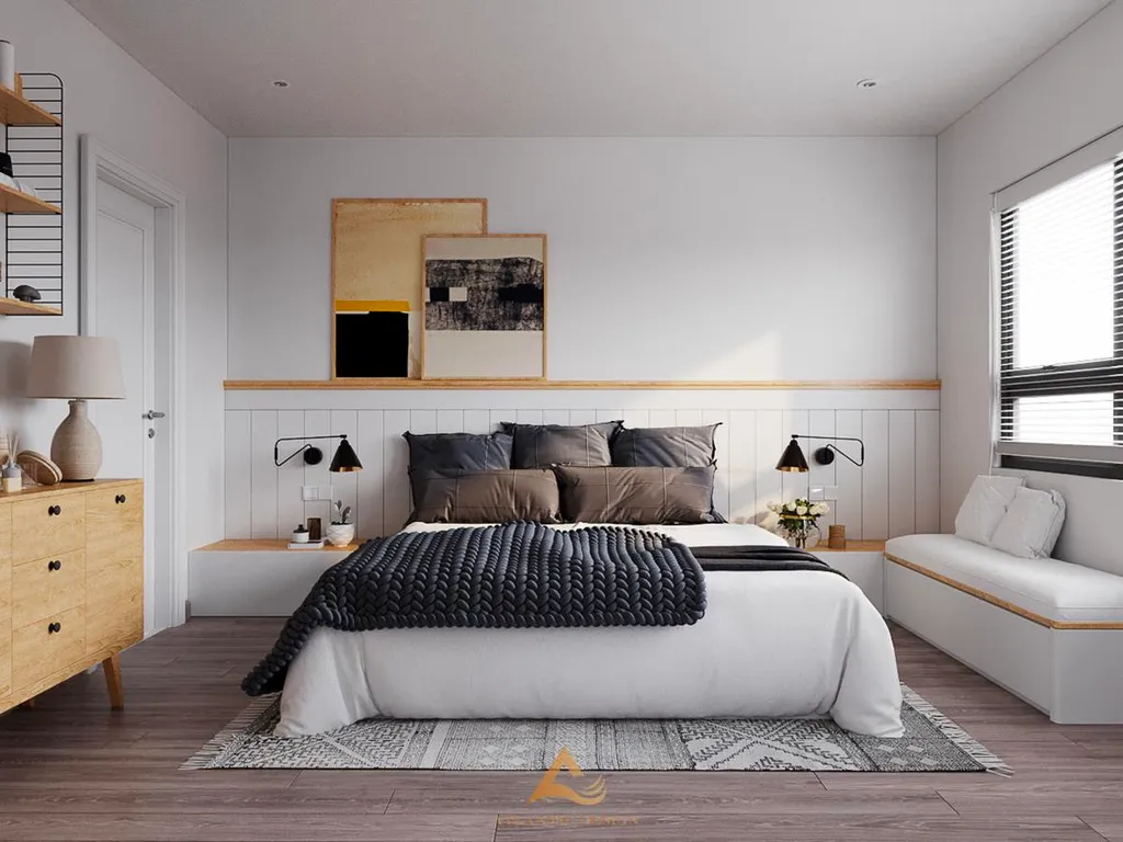 Phòng ngủ với tông màu trắng chủ đạo tinh tế và tiện nghi.
