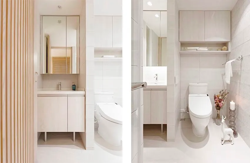 Phòng tắm căn hộ phong cách tối giản gọn gàng và ngăn nắp với gam màu trắng chủ đạo