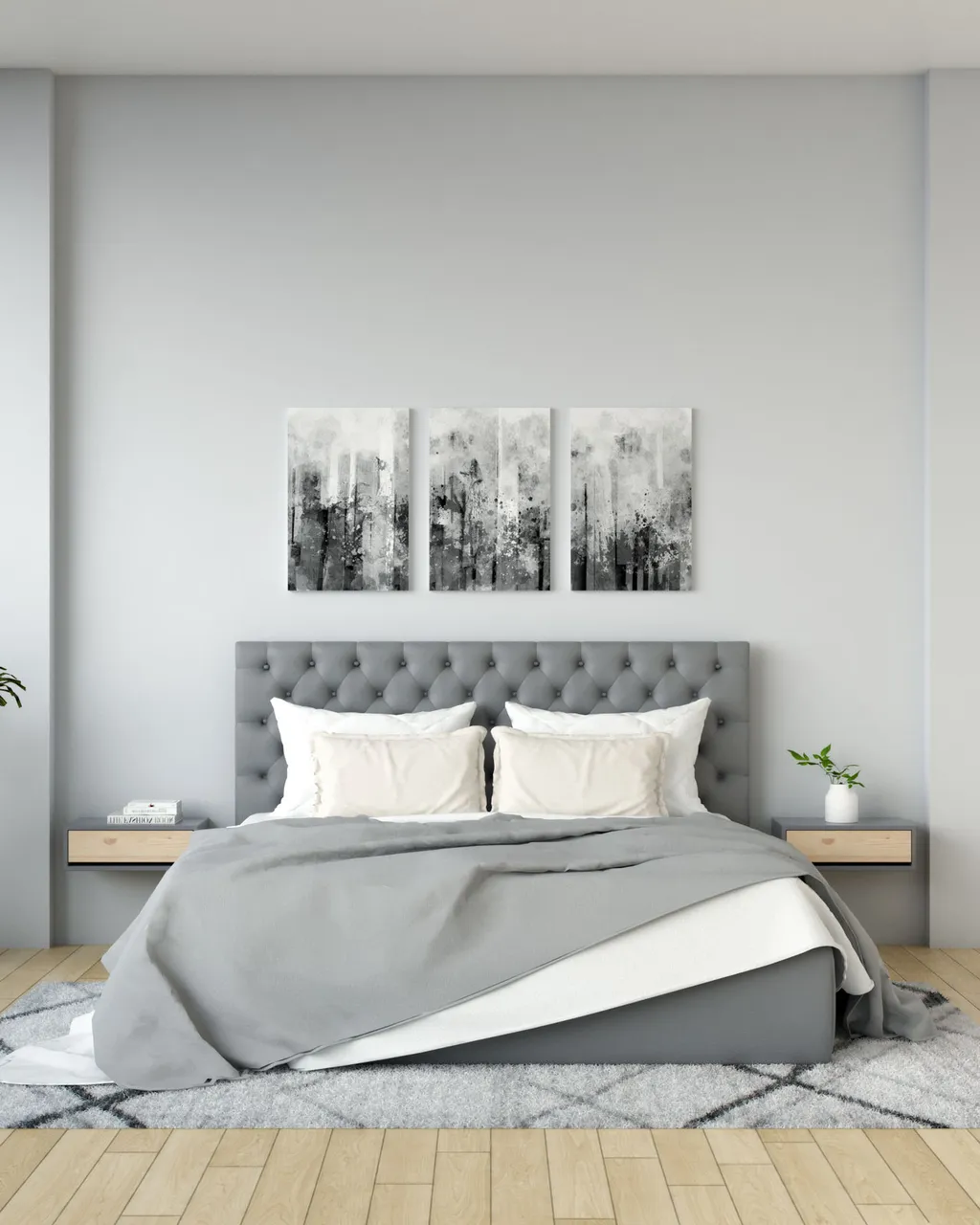 Sơn tường phòng ngủ màu xám trung tính, tối giản