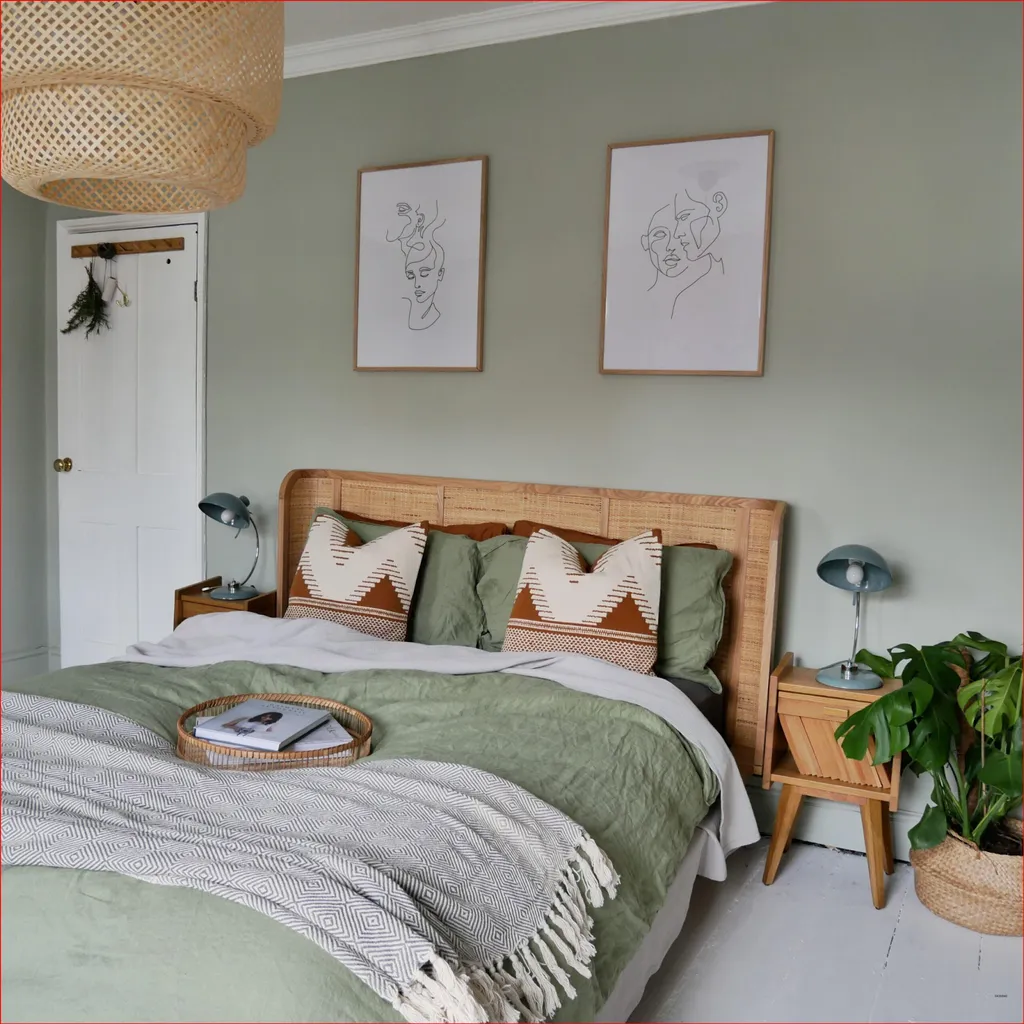 Sơn tường phòng ngủ màu xanh lá kết hợp nội thất gỗ