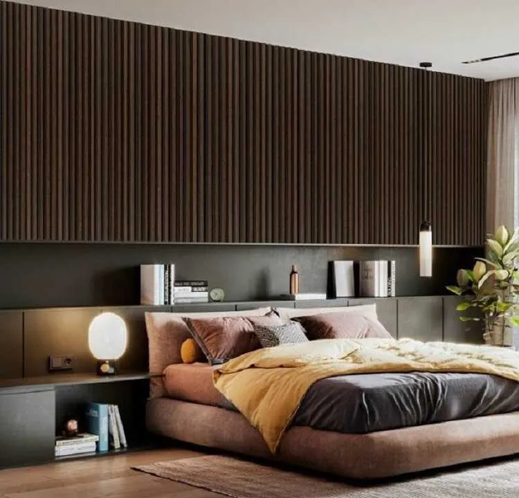 Sử dụng các tấm ốp gỗ dạng thanh lam tạo nên sự sang trọng và ấm cúng cho phòng ngủ.