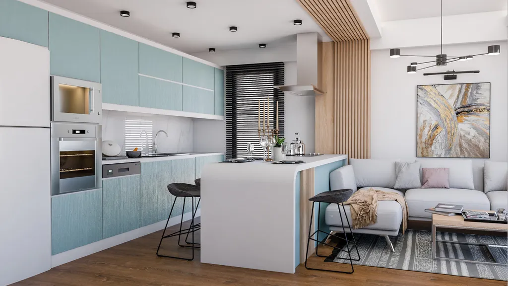 Thiết kế nhà bếp với gam màu xanh tạo cảm giác nhẹ nhàng và gần gũi