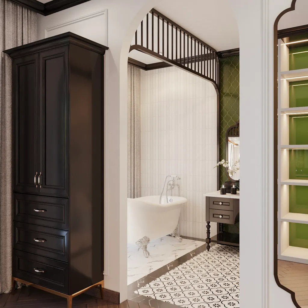 Thiết kế phòng tắm mở quyến rũ cho phòng ngủ phong cách Indochine