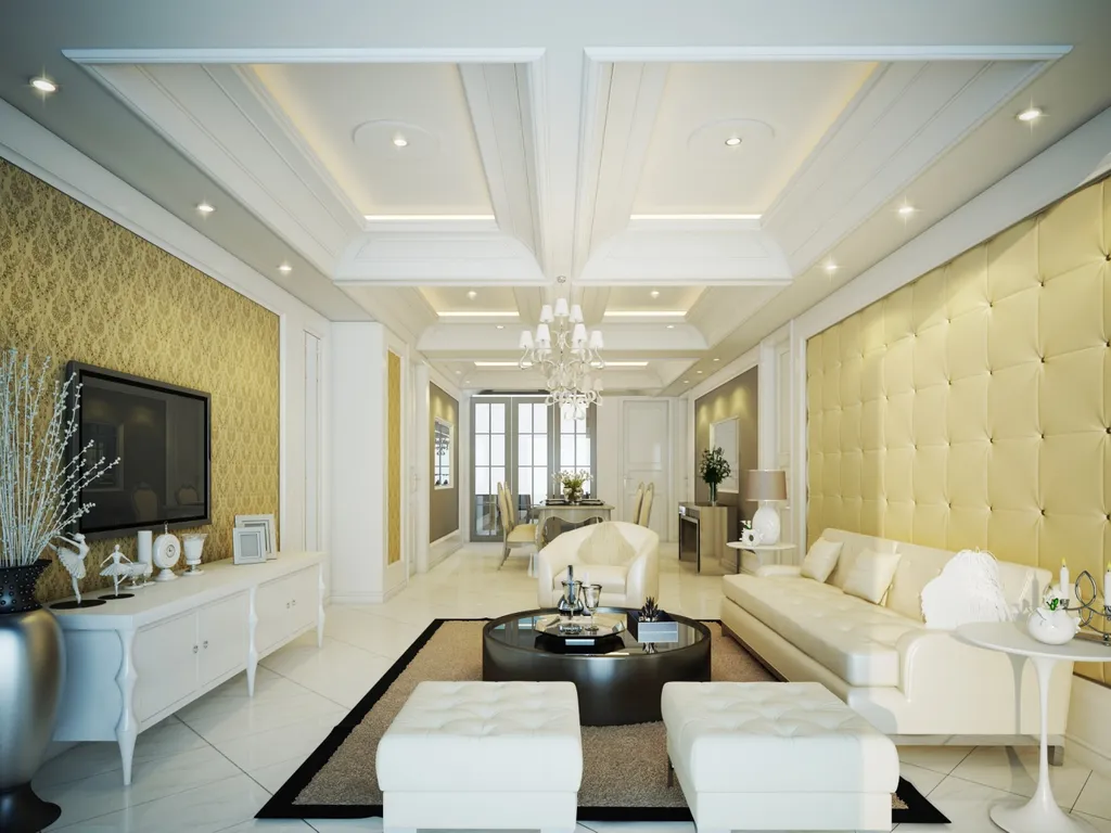 Thiết kế trần thạch cao giật cấp cho phòng khách.