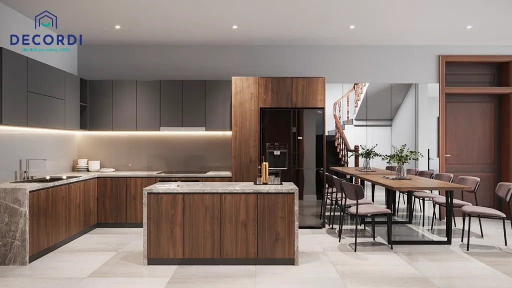 Thông thường đối với những phòng bếp được thiết kế theo phong cách tối giản, màu sắc căn bếp sẽ đồng nhất với màu sắc chủ đạo của ngôi nhà giúp tạo sự liền mạch và dễ chịu cho không gian sống