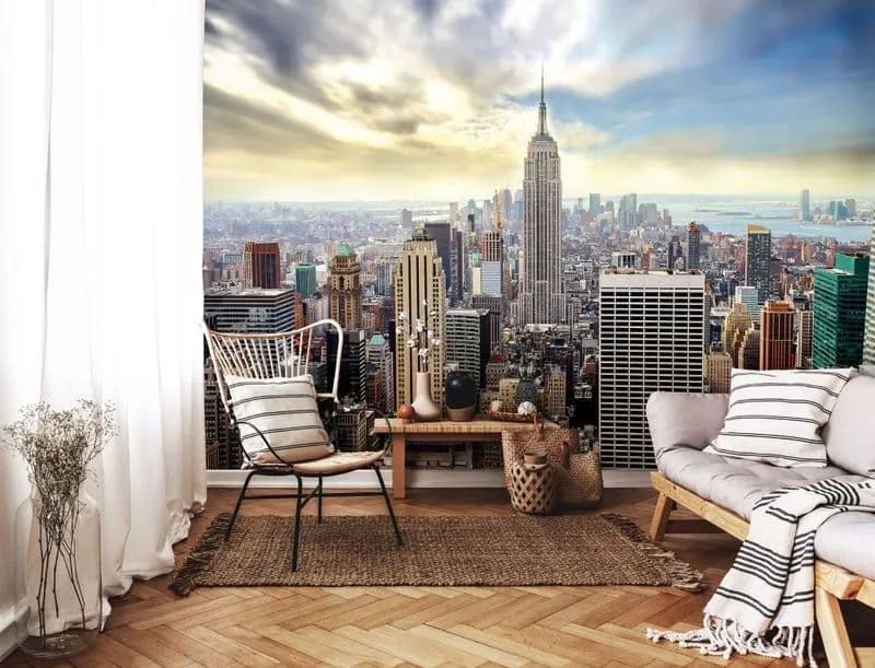Tranh dán tường 3D cho phòng khách tạo nên cảm giác chân thực như thể bạn đang chiêm ngưỡng một thành phố bên cửa sổ.