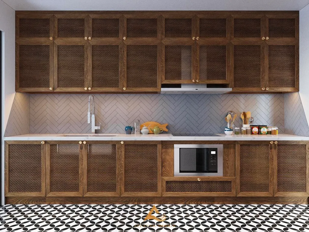Bếp sử dụng các chất liệu nội thất bằng gỗ tự nhiên đơn giản, mang đến nhiều cảm hứng khi nấu ăn