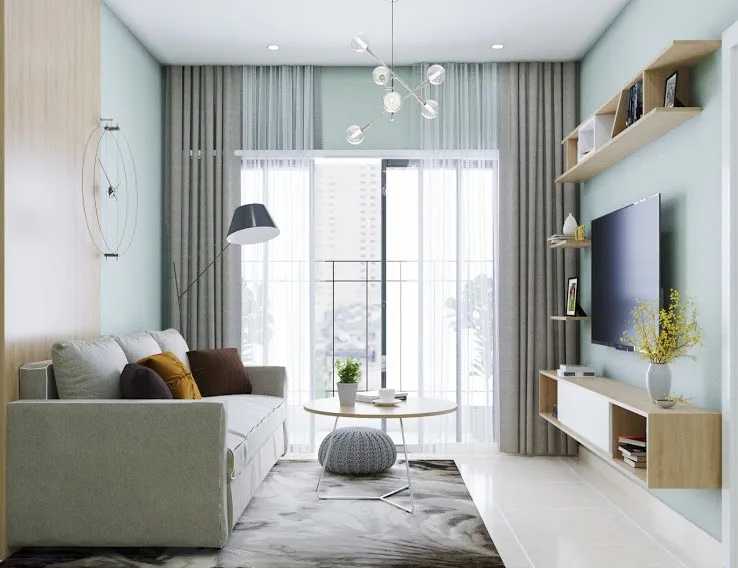 Chủ nhân chọn tông màu sàn trần, tường và thảm đồng điệu kết hợp nội thất đơn giản thanh thoát, phòng khách Scandinavian cho chung cư còn khiến không gian trở nên thoáng đãng hơn.