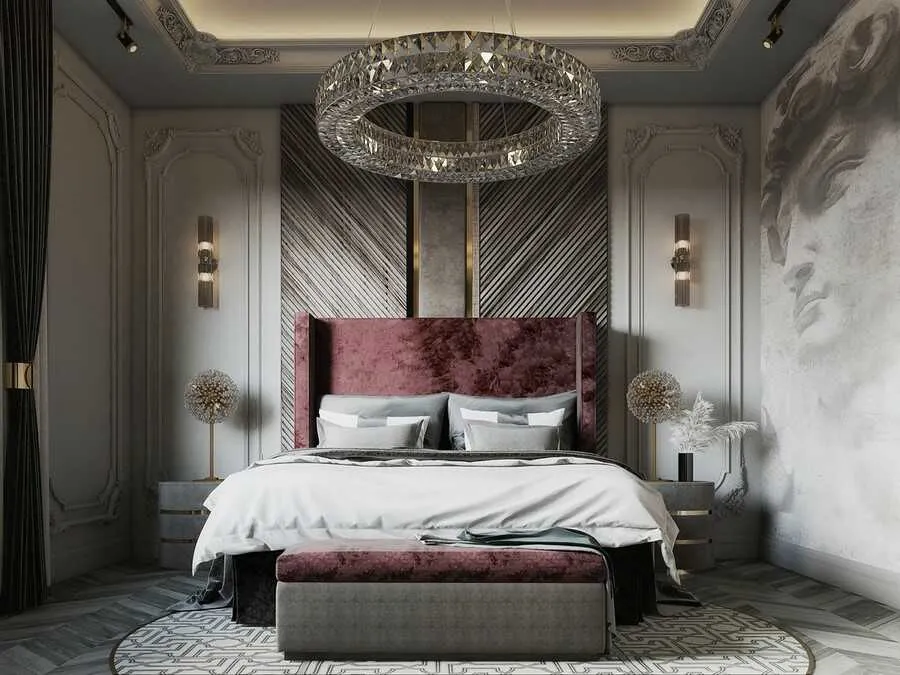 Kết hợp khéo léo giữa hoạ tiết đầu giường bằng kim loại, đèn trần pha lê, đèn trang trí đầu giường cùng màu sắc tường đặc trưng tạo nên điểm nhấn cho không gian phòng ngủ thêm tinh tế, ấn tượng.
