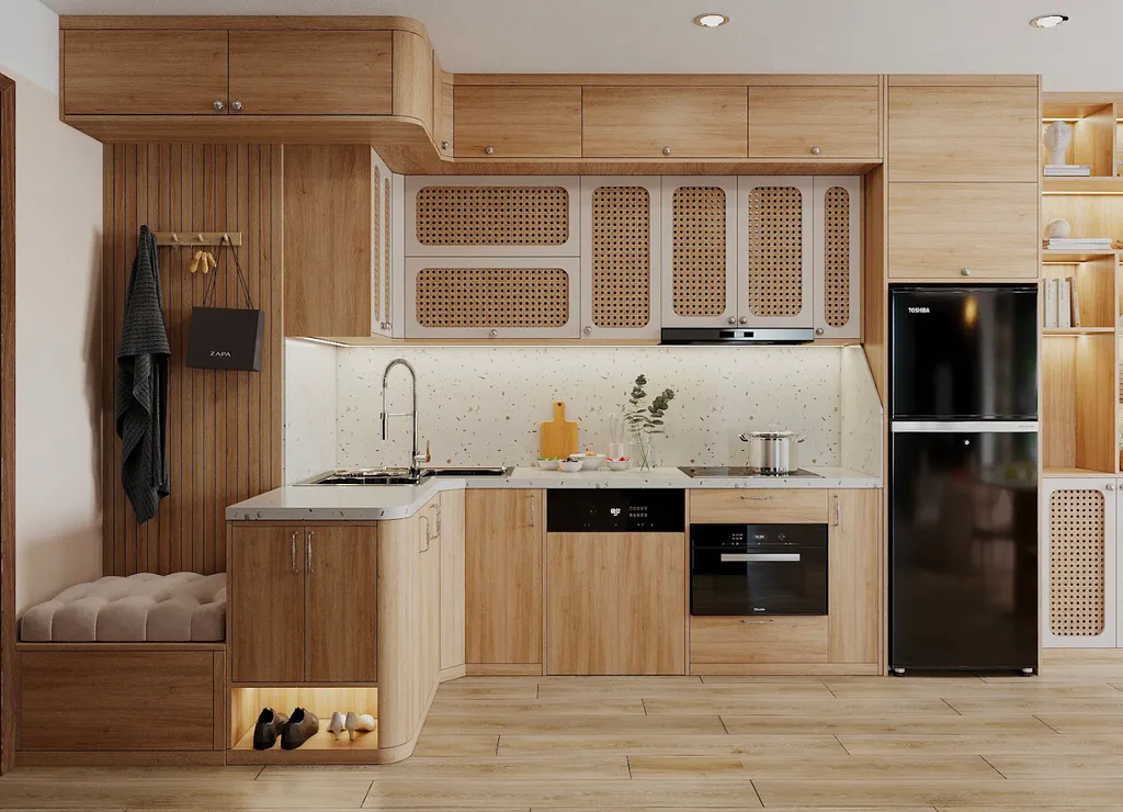 Không gian bếp được sử dụng chất liệu gỗ chủ đạo, từ bàn ăn đến kệ tủ, thậm chí là sàn nhà