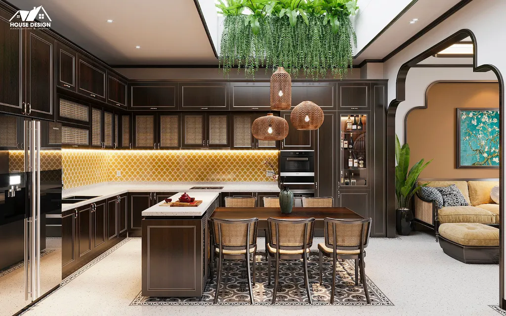 Không gian bếp với tone màu vàng kết hợp cùng màu nền trắng giúp mang lại hơi thở nhiệt đới, mát mẻ cho ngôi nhà