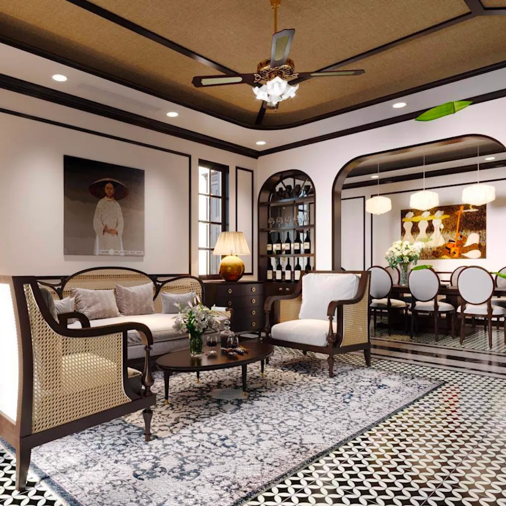Không gian phòng khách được bày trí khéo léo với cây xanh và nội thất bằng gỗ