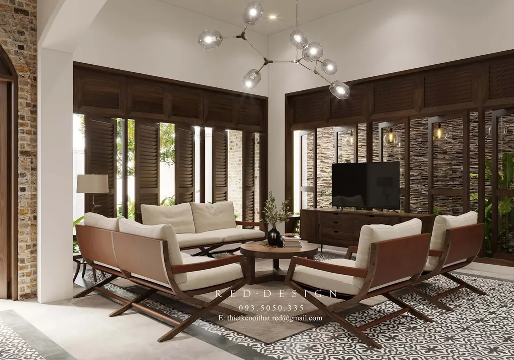 Không gian phòng khách mở với nội thất được làm từ các chất liệu tự nhiên