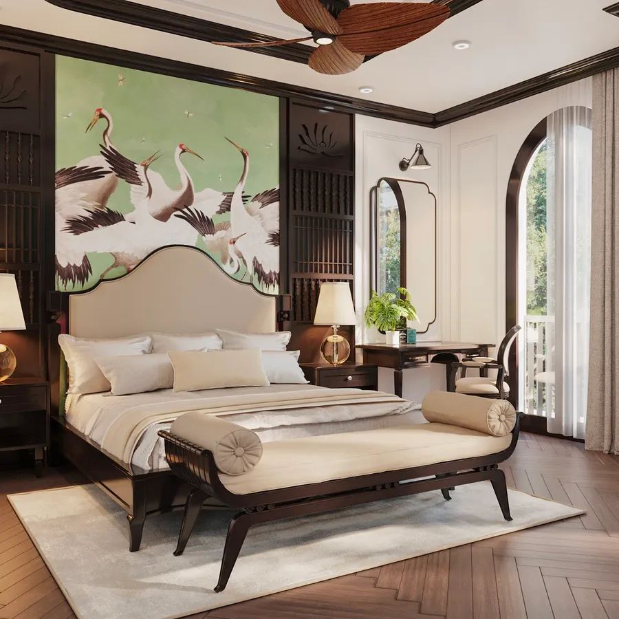 Không gian trong thiết kế nội thất Đông Dương ưu tiên sử dụng các vật liệu trang trí, những món đồ nội thất làm bằng gỗ như bàn gỗ, tủ gỗ, rèm sáo gỗ nhằm tăng thêm sự gần gũi, ấm cúng