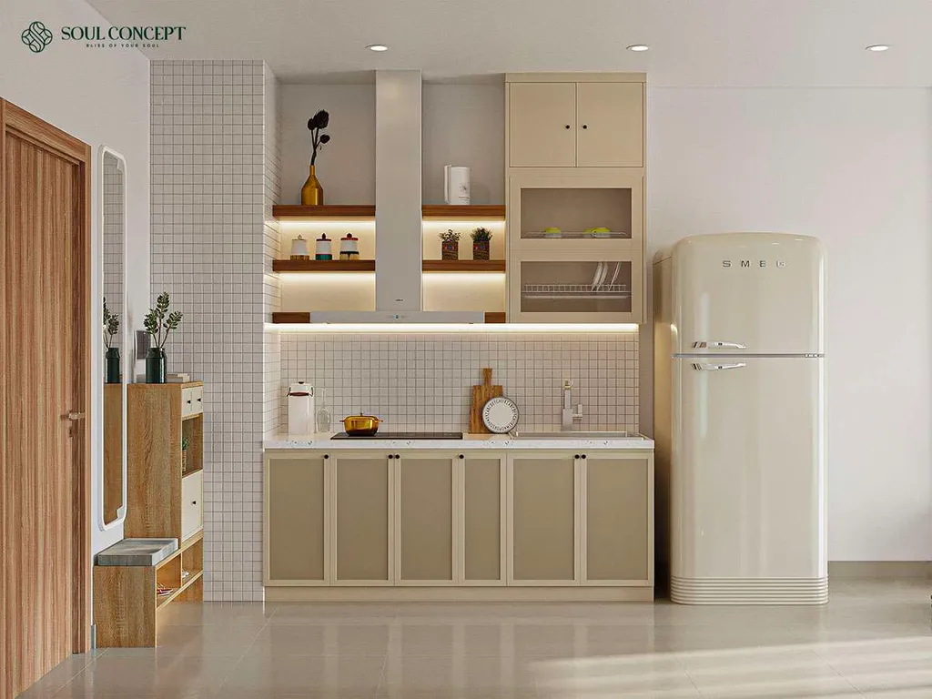 Khu bếp với màu trắng đặc trưng chuẩn Bắc Âu, thiết kế bếp chữ I tiện lợi trong khi nấu nướng