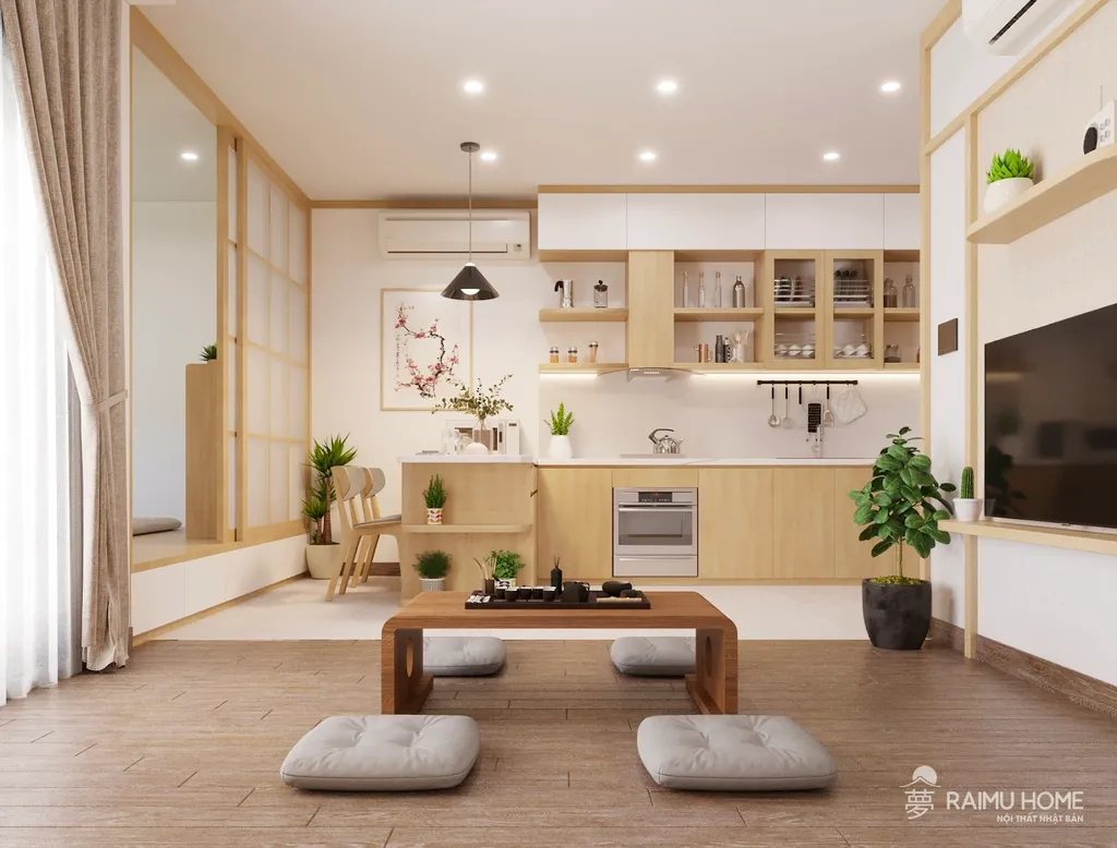 Khu vực phòng bếp được thiết kế thông với phòng khách, tạo cảm giác thông thoáng cho căn hộ