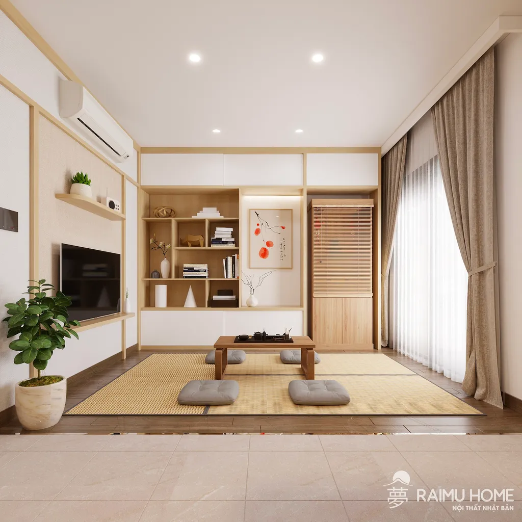 Khu vực phòng khách là sàn nâng đa năng Kamachi. Phía trên có thể đặt bàn trà để trở thành nơi tiếp khách, hoặc là nơi thư giãn của gia chủ