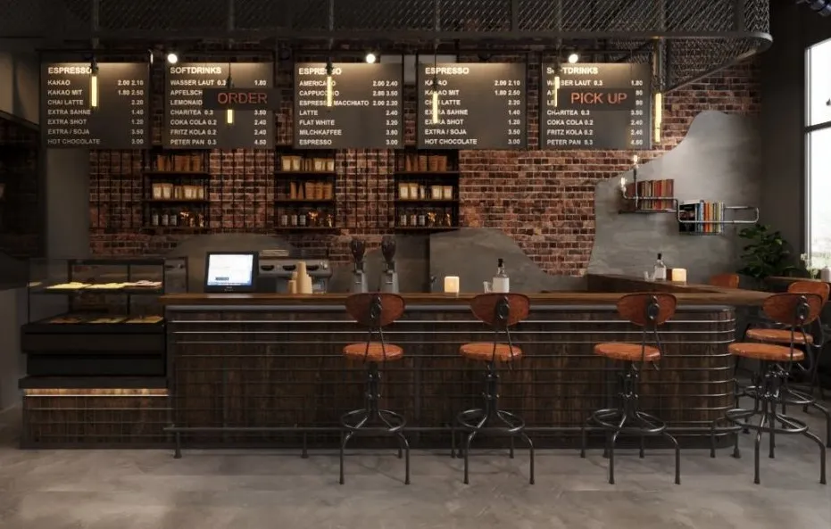 Khu vực quầy bar của quán cà phê thiết kế theo phong cách công nghiệp