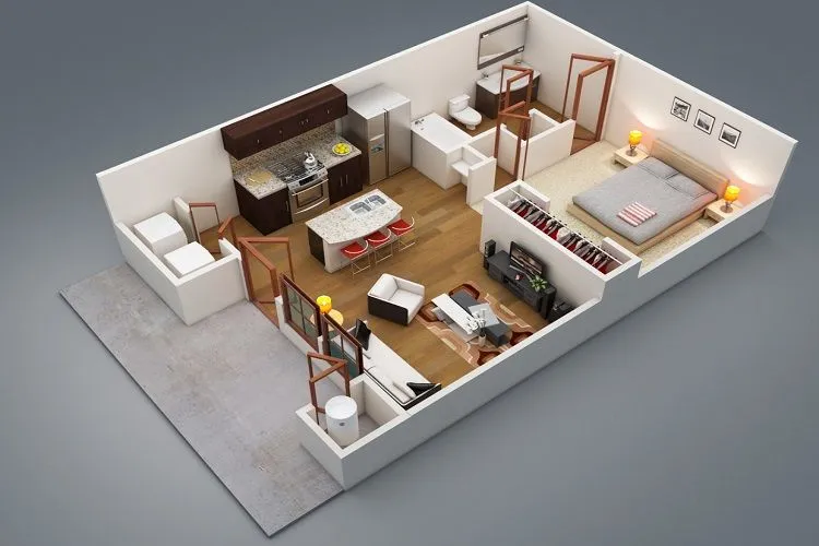 Mẫu 3D căn hộ một phòng ngủ sang trọng
