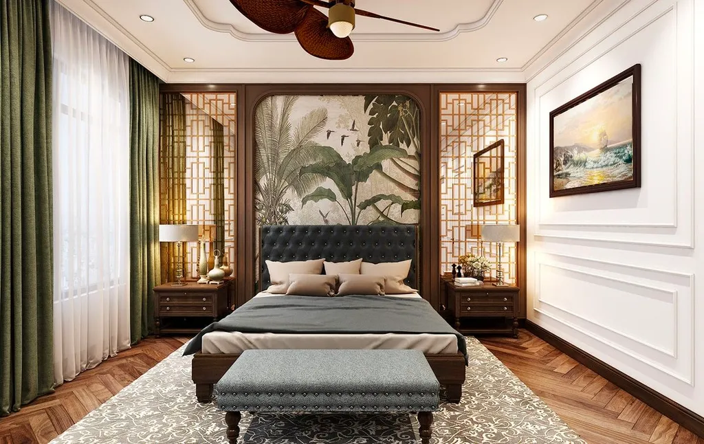Màu sắc tranh treo tường tương đồng với các vật dụng như chăn mền, rèm cửa, tất cả đều rất phù hợp với không gian thiết kế Indochine.