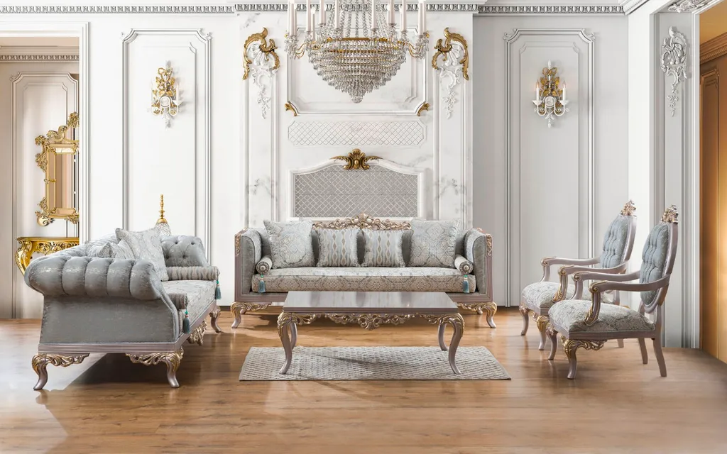 Mẫu thiết kế phòng khách phong cách Baroque với tông màu trắng, kết hợp cùng nội thất là bộ sofa màu xám nhạt tưởng chừng đơn giản nhưng lại mang đến một không gian rất thu hút và sang trọng.