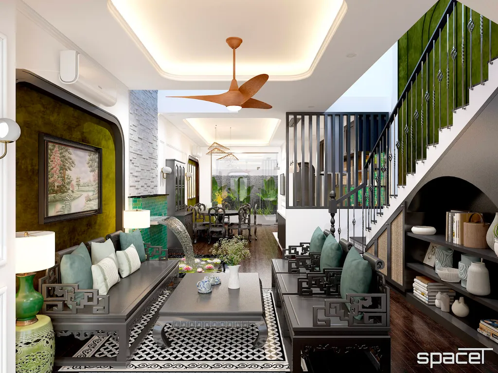 Một mẫu thiết kế nội thất nhà phố phong cách Indochine đúng chuẩn thì không thể thiếu những tone màu trầm ấm mang chút hoài niệm như nâu, xanh lá