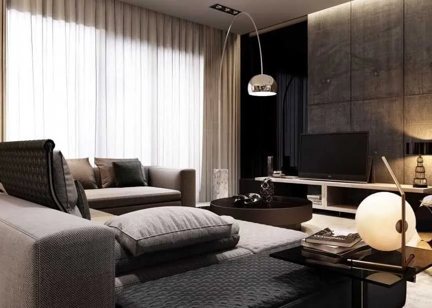 Một phong cách phòng khách hiện đại khác tạo nên từ các món nội thất với dáng hình học cơ bản, mềm mại hiện đại