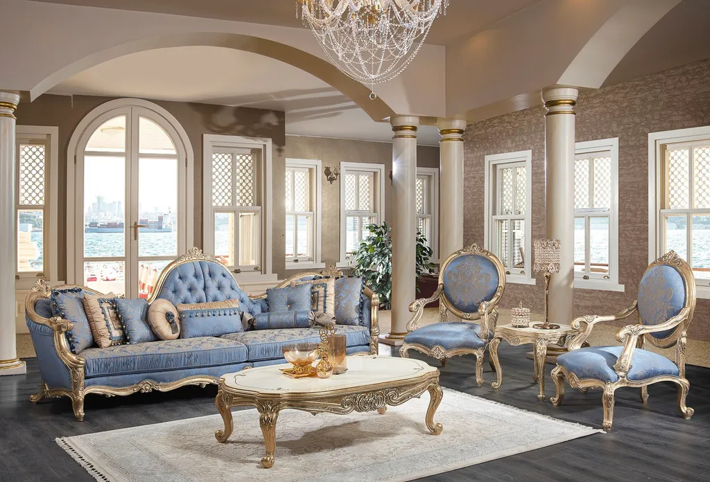 Một thiết kế vô cùng lạ mắt với bộ sofa màu xanh da trời cùng tông màu be chủ đạo tạo nên một không gian quyền quý, nhẹ nhàng, trang trọng