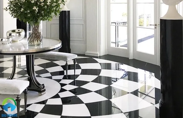 Nếu lựa chọn gạch lát nền đen trắng, bạn cũng nên dùng tông đen - trắng làm chủ đạo cho phòng khách.