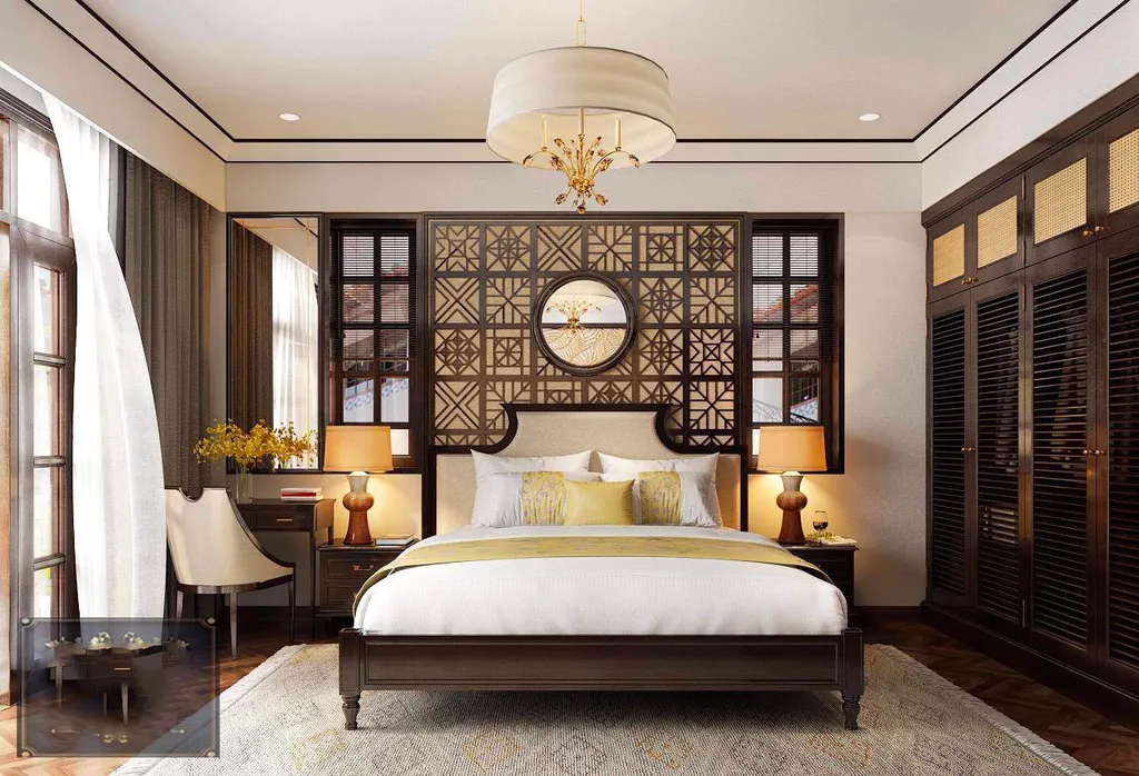 Nội thất phòng ngủ được thiết kế theo phong cách Indochine truyền thống
