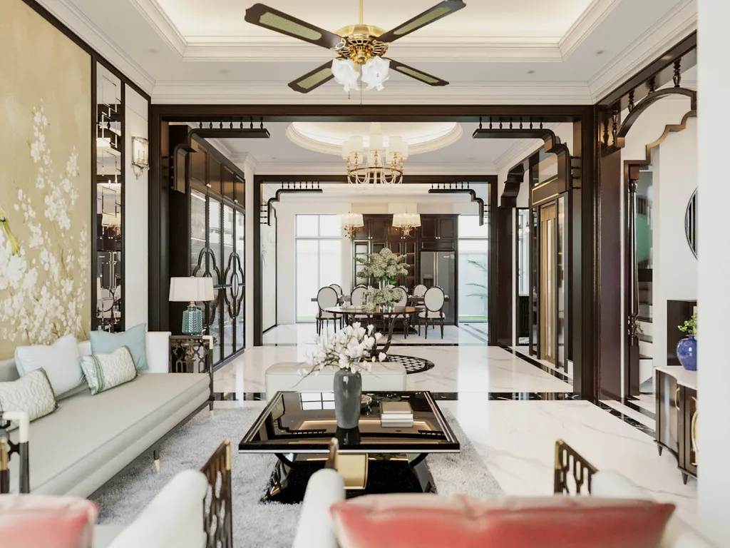 Phòng khách là sự kết hợp hài hòa giữa nội thất bằng da hiện đại cùng phong cách trang trí đậm chất Á Đông
