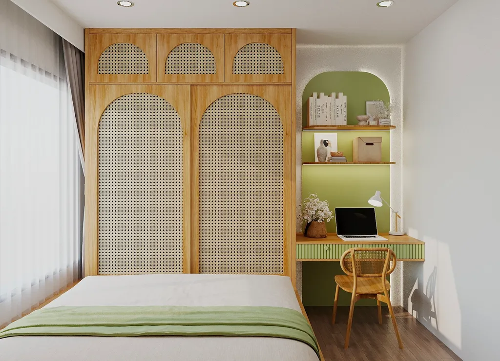 Phòng ngủ có diện tích khá khiêm tốn nhưng lại được thiết kế giường nối liền với tủ quần áo vô cùng thông minh