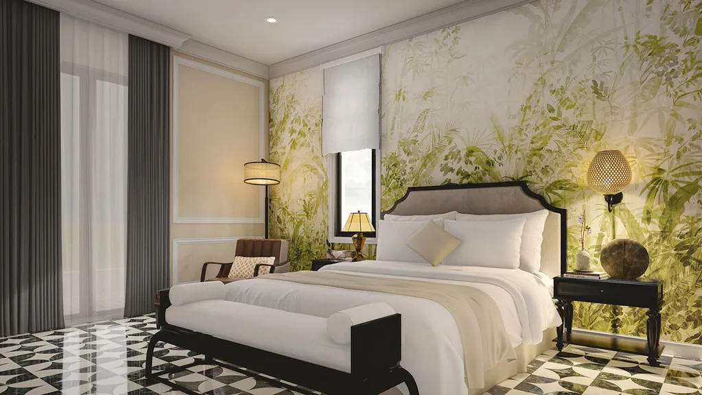Phòng ngủ đậm chất Đông Dương với tranh tường trang trí đầu giường 