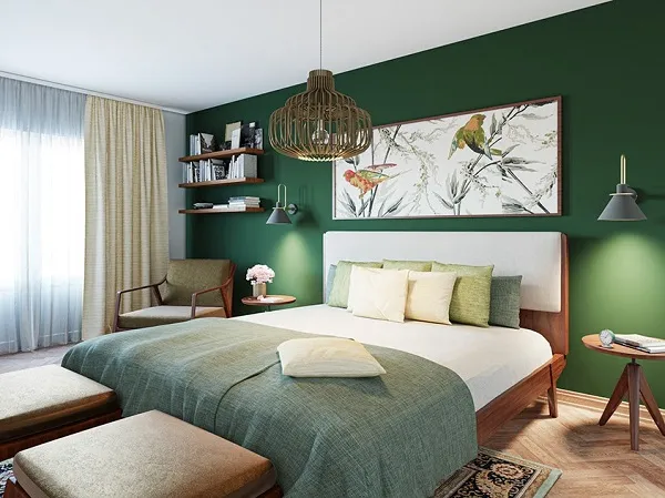 Phòng ngủ đôi theo phong cách hiện đại giữa thế kỷ với tông xanh lá chủ đạo.  