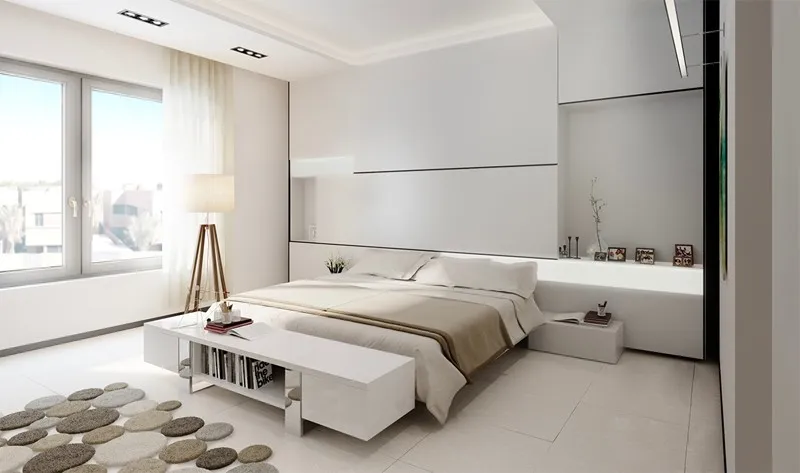 Phòng ngủ đôi tối giản theo tông màu trắng dịu nhẹ.
