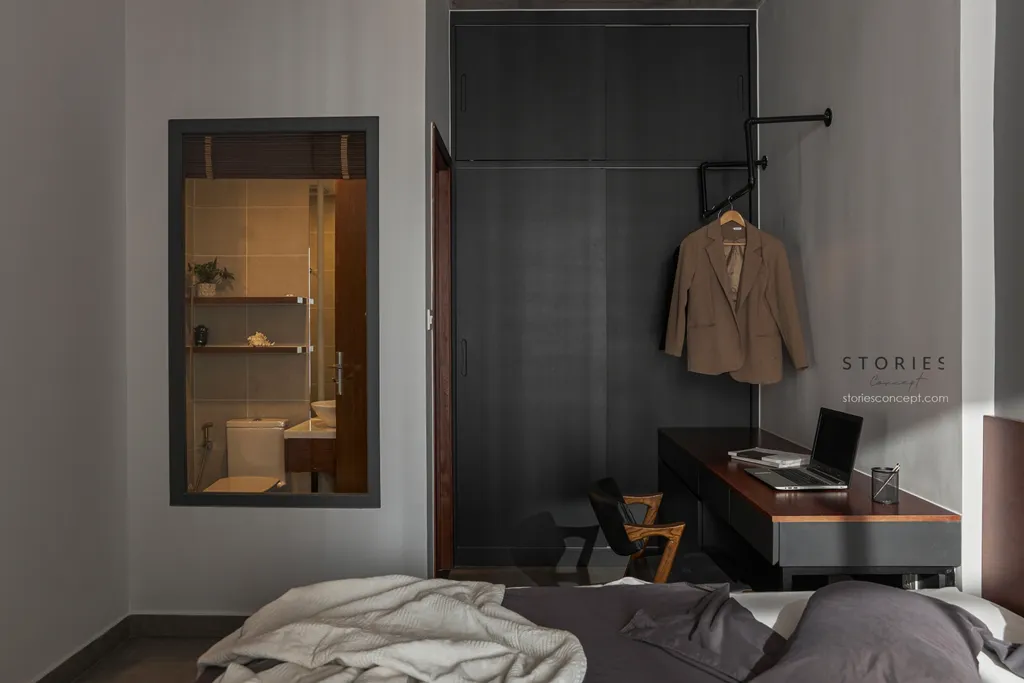 Phòng ngủ được thiết kế khép kín và mang những nét đặc trưng thể hiện rõ phong cách Industrial