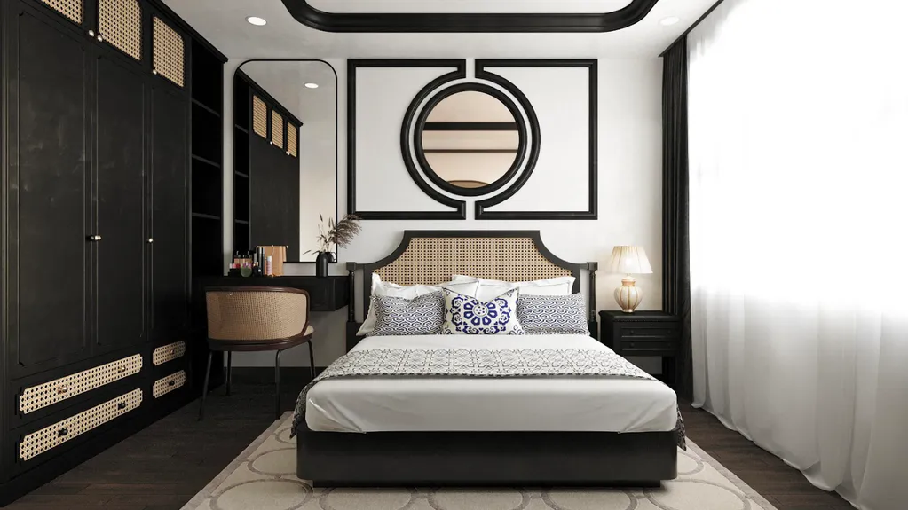 Phòng ngủ được thiết kế với những đường nét hình học cơ bản nhưng mang đậm sự hoài niệm về lịch sử Việt
