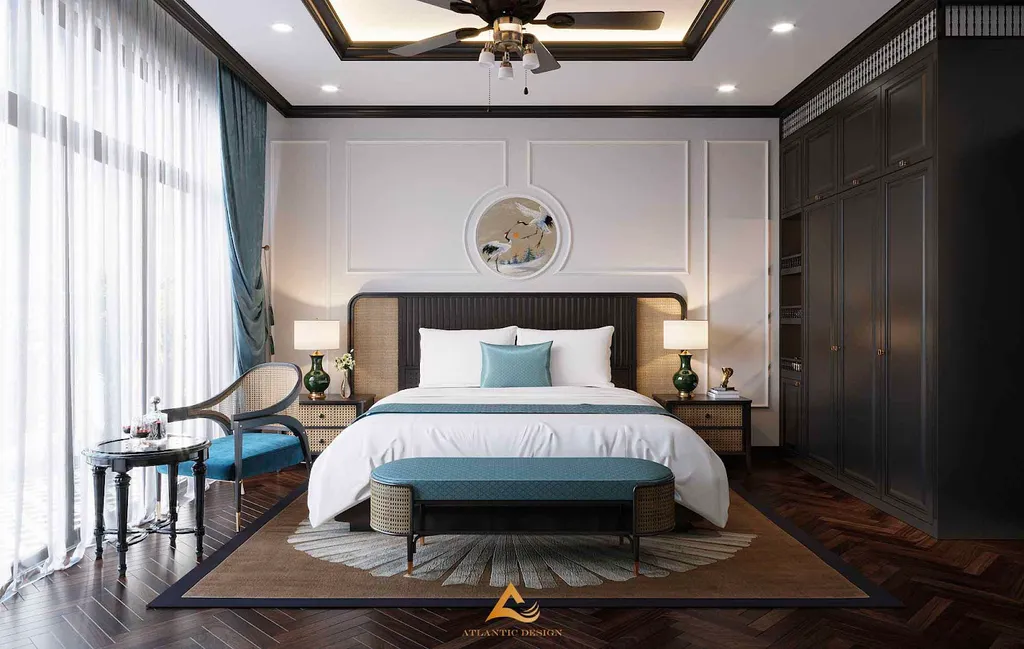 Phòng ngủ là sự kết hợp tinh tế giữa phong cách hiện đại và truyền thống