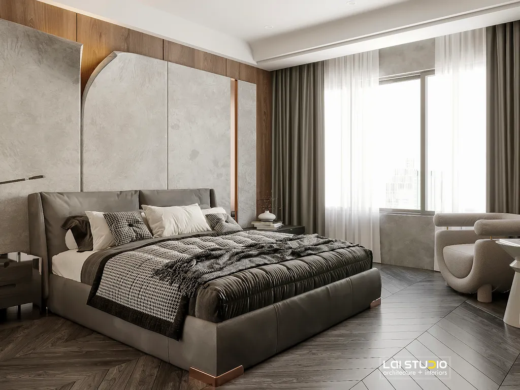 Phòng ngủ master được thiết kế theo phong hiện đại với tone màu xám chủ đạo - thể hiện cá tính vô cùng ấn tượng của chủ nhà